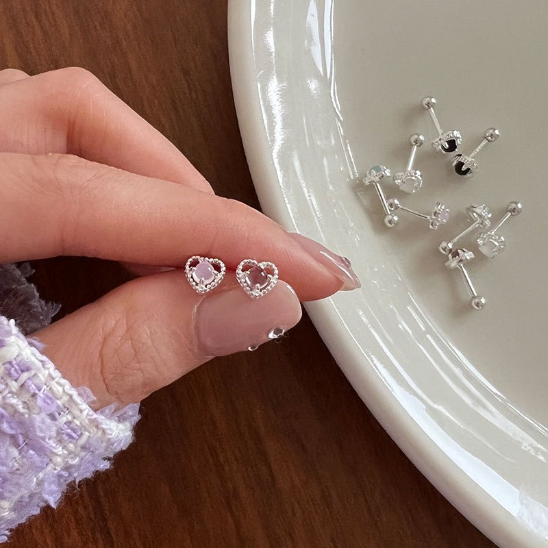 【整體s925銀】純銀耳環 轉珠耳環 鎖珠耳環 螺旋耳針 鎖式耳環 細針 月光石愛心＊花漾美人＊嚴選-細節圖2