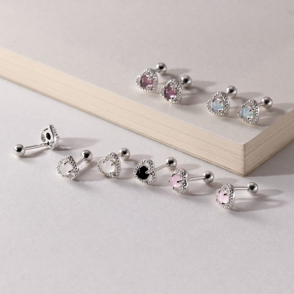 【整體s925銀】純銀耳環 轉珠耳環 鎖珠耳環 螺旋耳針 鎖式耳環 細針 月光石愛心＊花漾美人＊嚴選-細節圖3