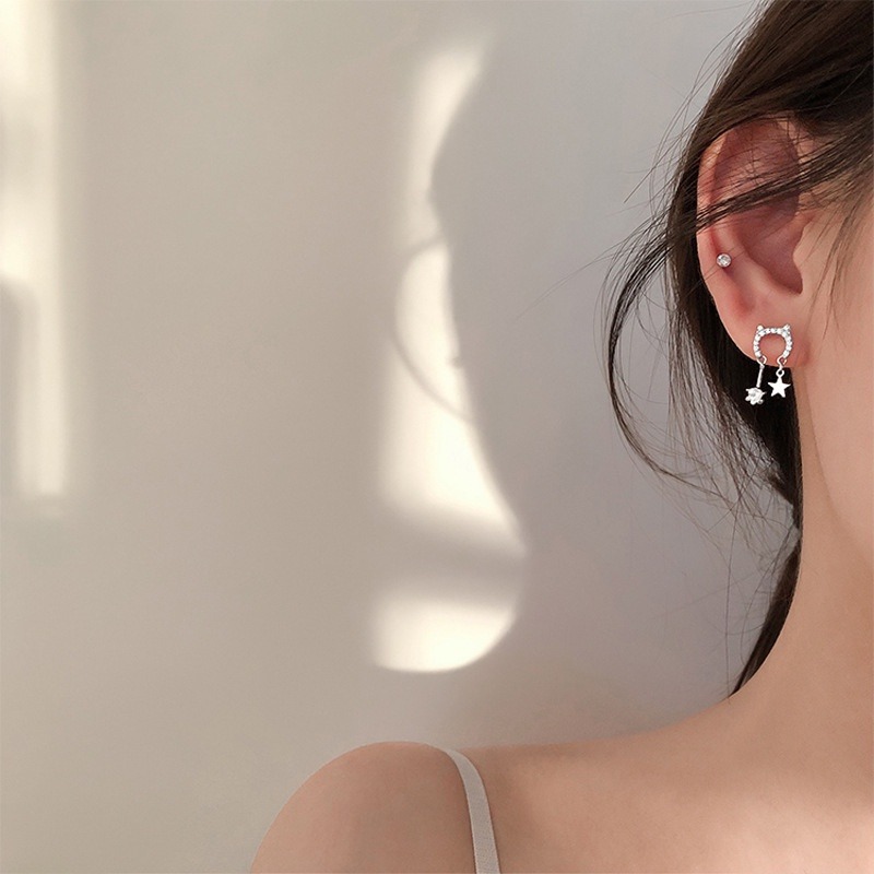 耳環 滿鑽耳環 銀針耳環 垂墜耳環 喵咪耳環 ＊花漾美人＊嚴選-細節圖4