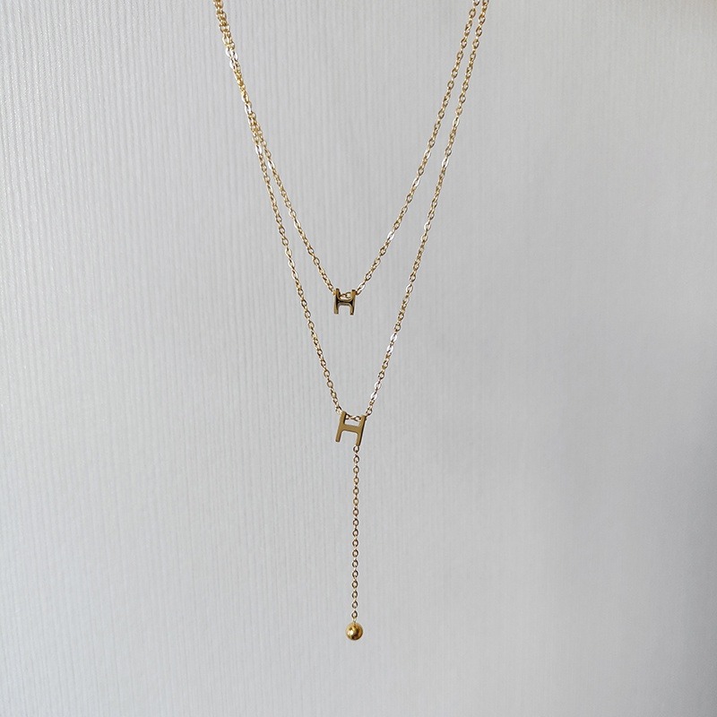 項鍊 雙層項鍊 鈦鋼鍍18K真金 H字母 生日禮物 情人節  ＊花漾美人＊嚴選-細節圖2