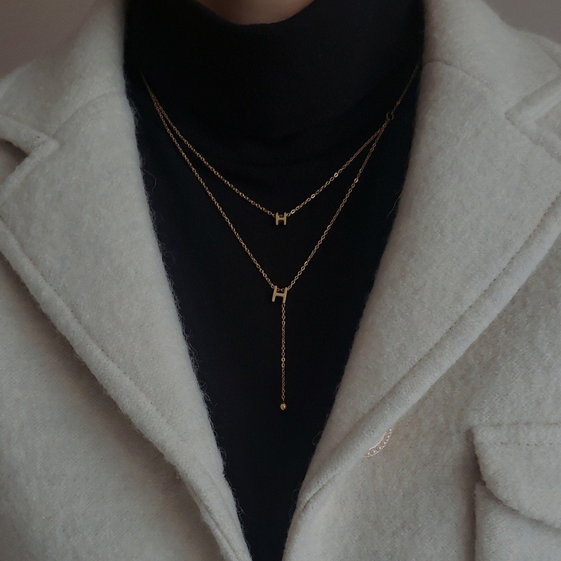 項鍊 雙層項鍊 鈦鋼鍍18K真金 H字母 生日禮物 情人節  ＊花漾美人＊嚴選-細節圖4