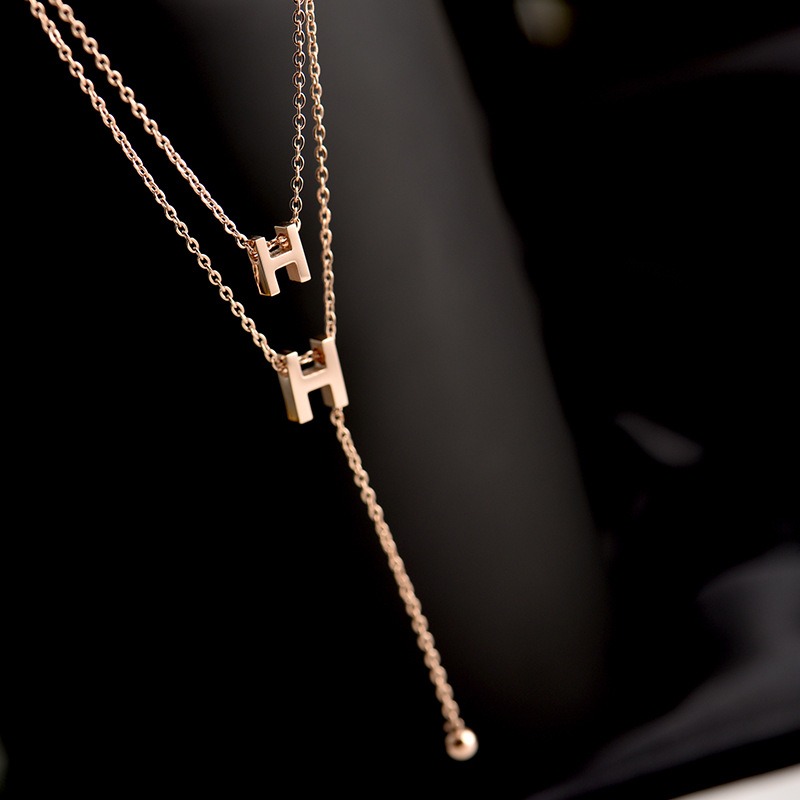 項鍊 雙層項鍊 鈦鋼鍍18K真金 H字母 生日禮物 情人節  ＊花漾美人＊嚴選-細節圖7