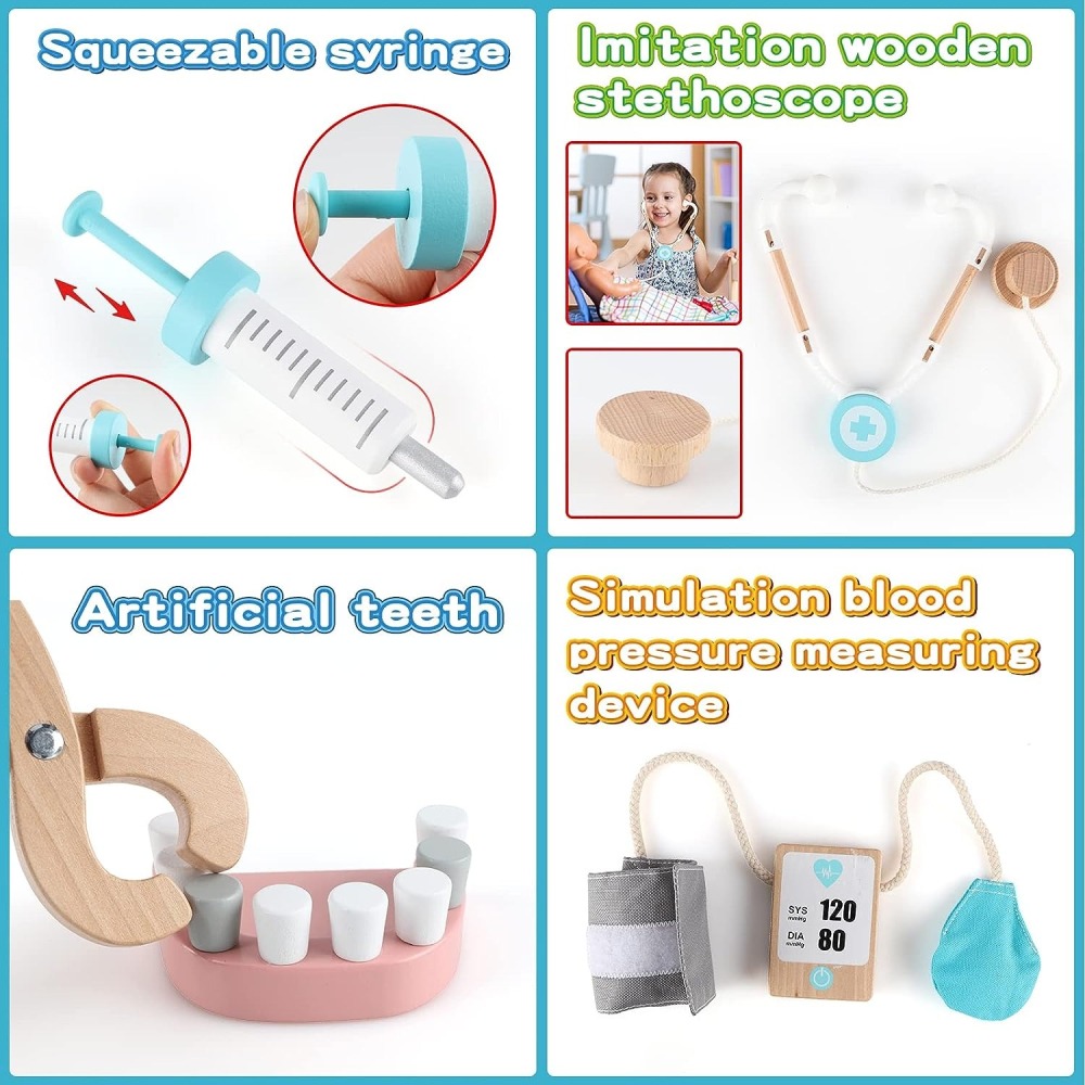 醫生箱 | 兒童木製醫生玩具 |醫生醫療玩具套裝聽診器 |耳鏡和醫生設備，兒童劇場模擬醫生玩具-細節圖11
