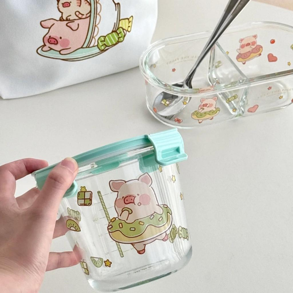 🔥現貨🔥川島屋 罐頭豬 LuLu豬 玻璃保鮮盒 密封保鮮盒 便當盒 分隔玻璃盒 耐熱-細節圖4