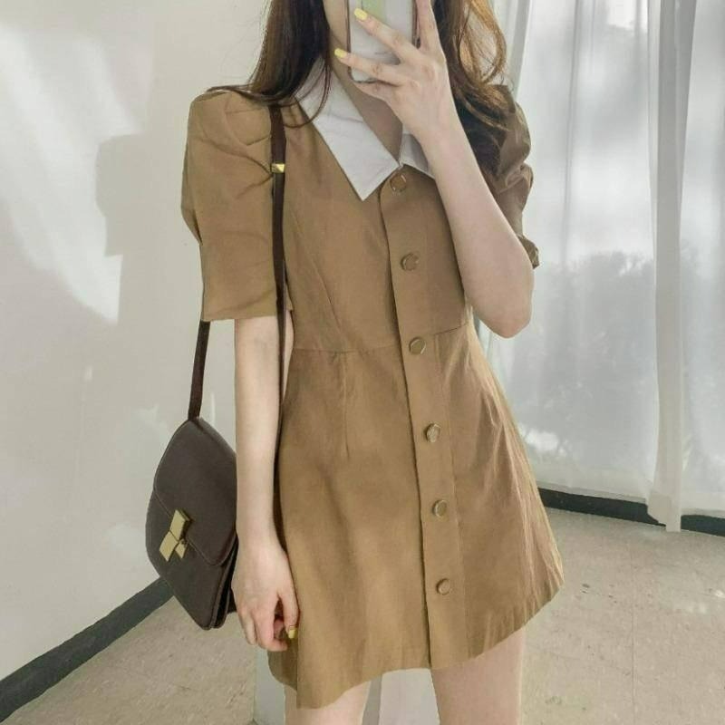 【A1093】澎袖復古收腰短洋 開釦短洋裝 翻領短洋裝 撞色短洋 收腰修身短洋 顯身夏日短洋-細節圖2