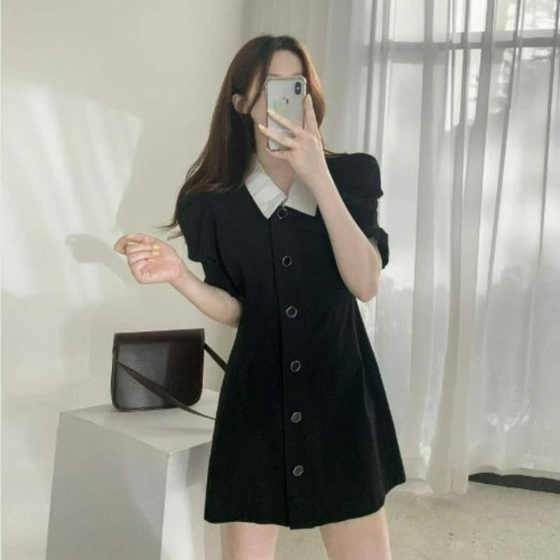 【A1093】澎袖復古收腰短洋 開釦短洋裝 翻領短洋裝 撞色短洋 收腰修身短洋 顯身夏日短洋-細節圖3