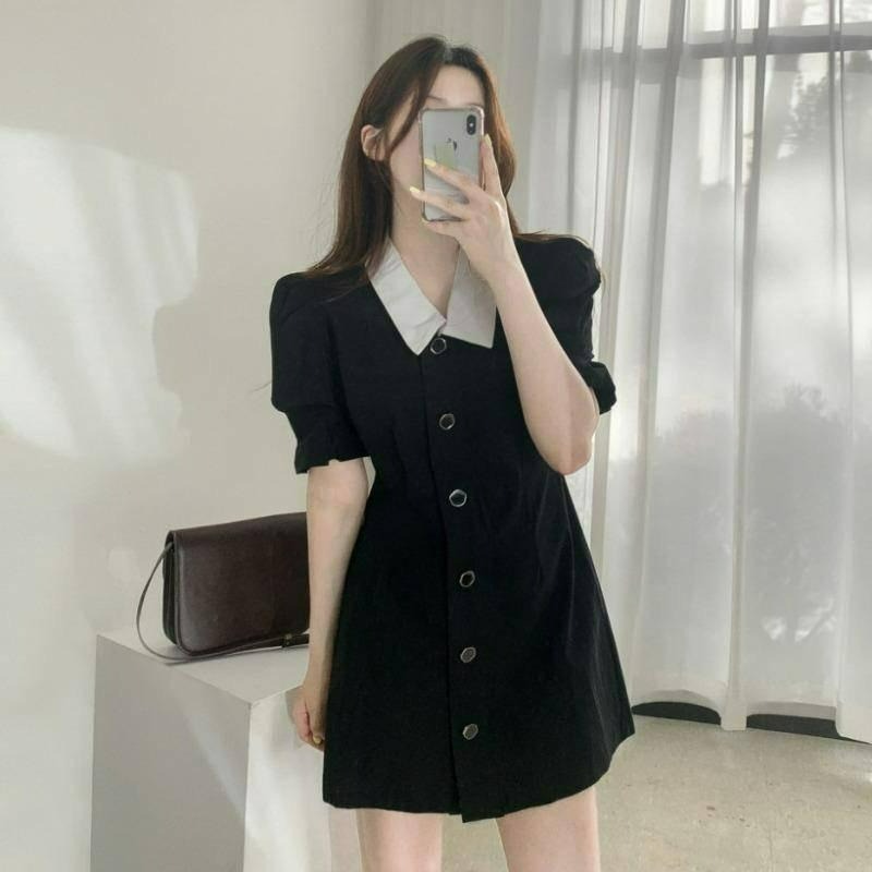 【A1093】澎袖復古收腰短洋 開釦短洋裝 翻領短洋裝 撞色短洋 收腰修身短洋 顯身夏日短洋-細節圖4