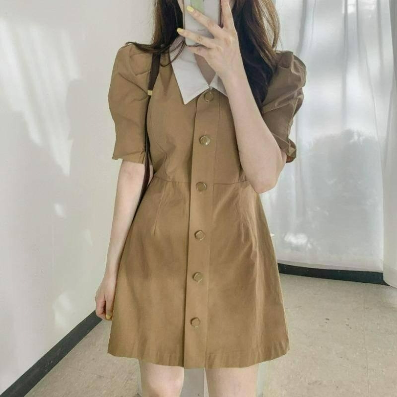 【A1093】澎袖復古收腰短洋 開釦短洋裝 翻領短洋裝 撞色短洋 收腰修身短洋 顯身夏日短洋-細節圖5