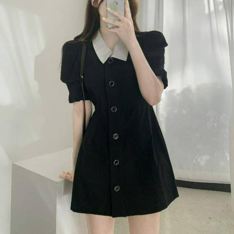 【A1093】澎袖復古收腰短洋 開釦短洋裝 翻領短洋裝 撞色短洋 收腰修身短洋 顯身夏日短洋-細節圖6