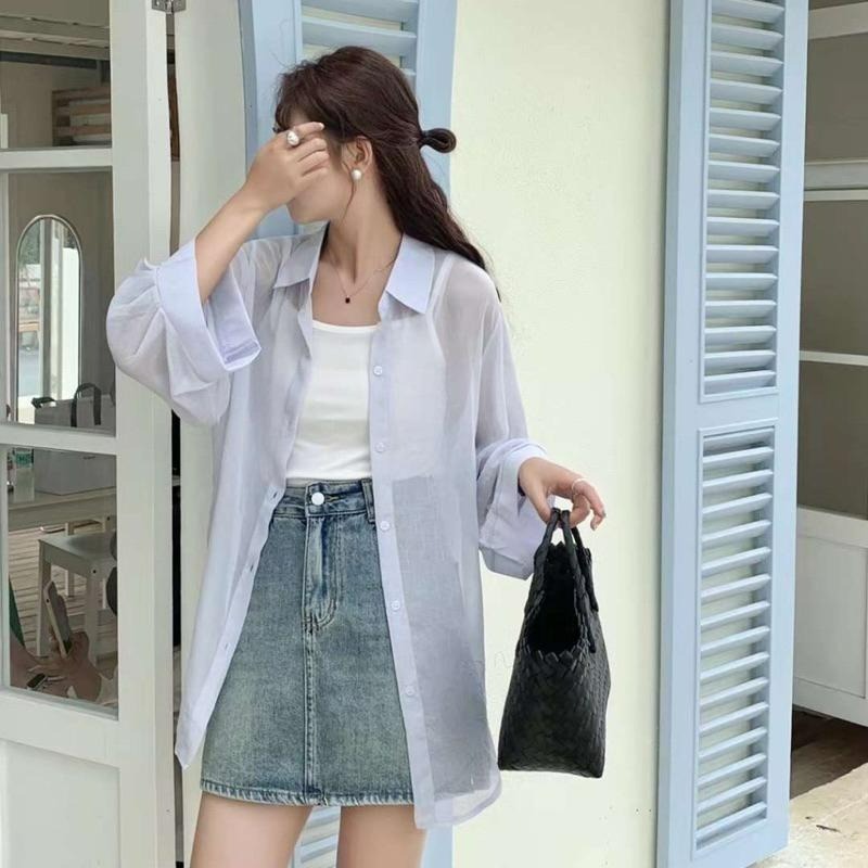 【B2105】夏日必備防曬雪紡襯衫 冷氣房襯衫 寬鬆襯衫 冷氣房罩衫 夏日罩衫 輕薄罩衫-細節圖3