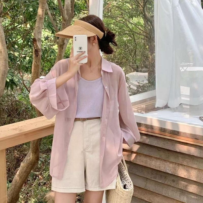 【B2105】夏日必備防曬雪紡襯衫 冷氣房襯衫 寬鬆襯衫 冷氣房罩衫 夏日罩衫 輕薄罩衫-細節圖4