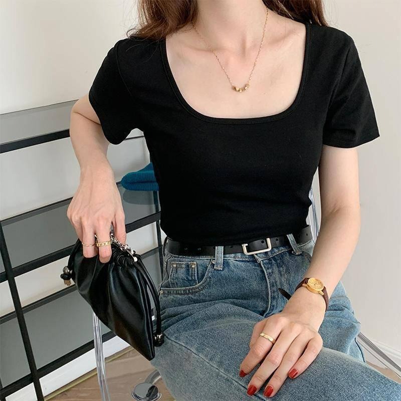 【B1048】夏新款Ｕ領上衣 純色短T 韓版網紅上衣 經典黑白 百搭修身上衣 夏天必備 新款-細節圖5