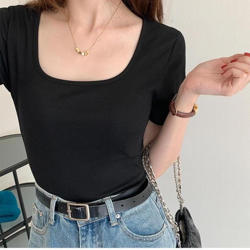 【B1048】夏新款Ｕ領上衣 純色短T 韓版網紅上衣 經典黑白 百搭修身上衣 夏天必備 新款-細節圖7