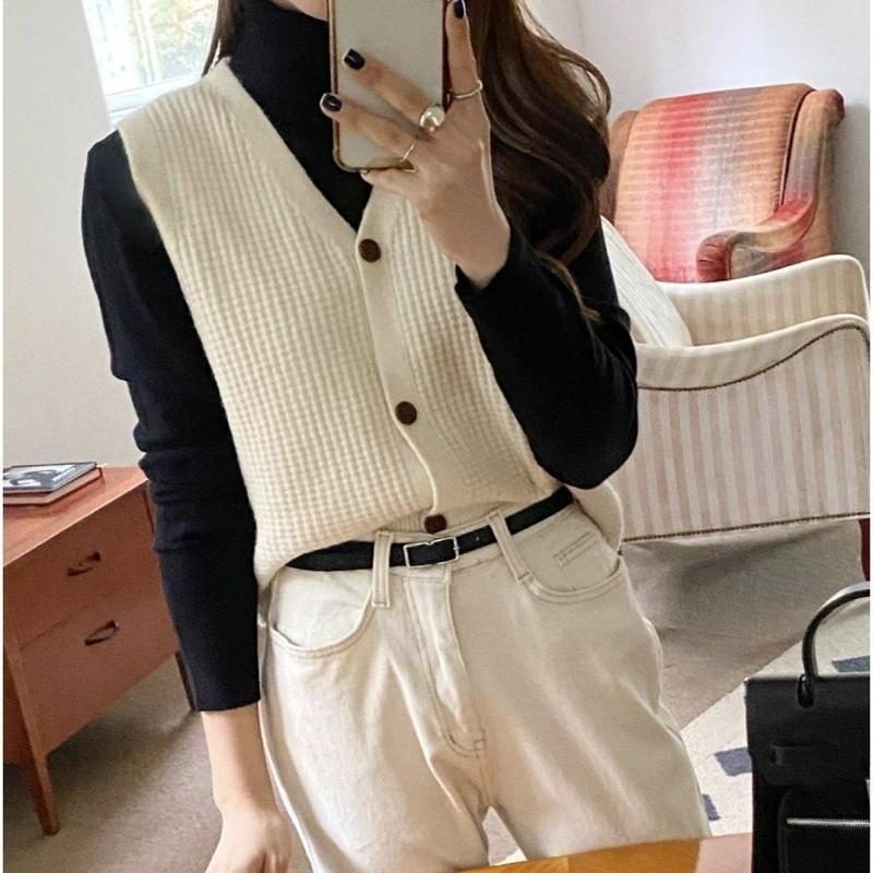 【C2062】 正韓回台 華夫格針織背心 開扣背心 百搭背心 保暖背心 親膚背心-細節圖4