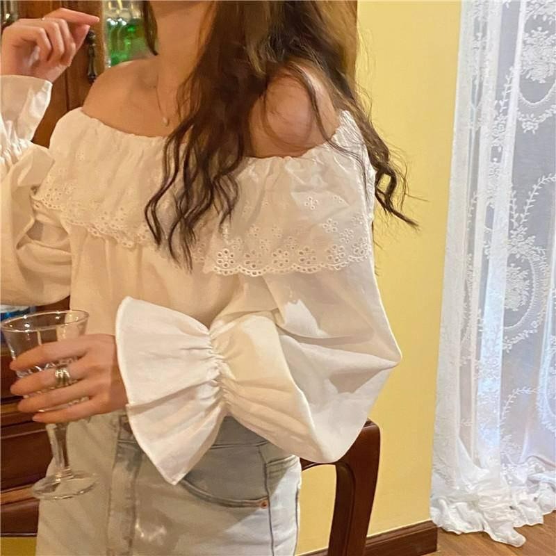 【B2047】歐膩現貨 美炸荷葉邊一字領上衣 唯美上衣 一字領露肩上衣 顯瘦上衣 海邊穿搭 防曬上衣-細節圖2