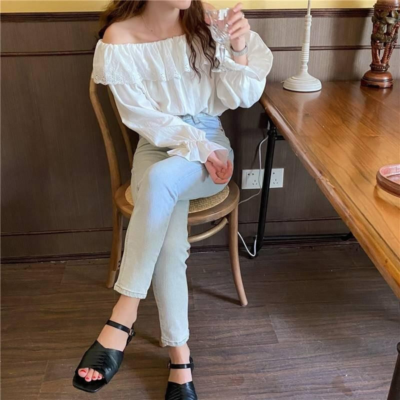 【B2047】歐膩現貨 美炸荷葉邊一字領上衣 唯美上衣 一字領露肩上衣 顯瘦上衣 海邊穿搭 防曬上衣-細節圖3