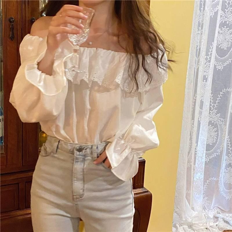 【B2047】歐膩現貨 美炸荷葉邊一字領上衣 唯美上衣 一字領露肩上衣 顯瘦上衣 海邊穿搭 防曬上衣-細節圖4