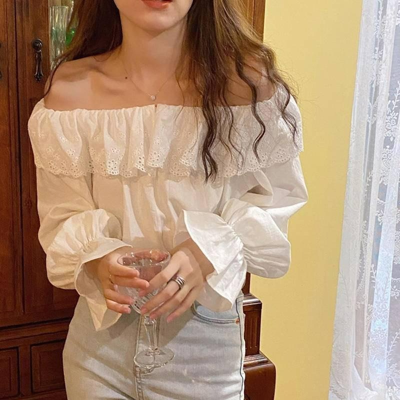 【B2047】歐膩現貨 美炸荷葉邊一字領上衣 唯美上衣 一字領露肩上衣 顯瘦上衣 海邊穿搭 防曬上衣-細節圖5