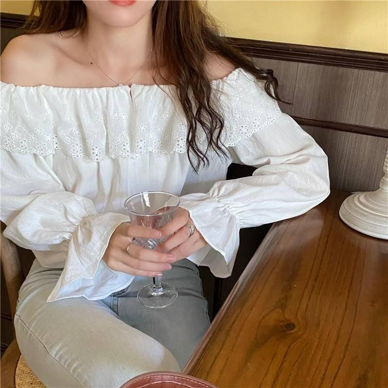 【B2047】歐膩現貨 美炸荷葉邊一字領上衣 唯美上衣 一字領露肩上衣 顯瘦上衣 海邊穿搭 防曬上衣-細節圖6