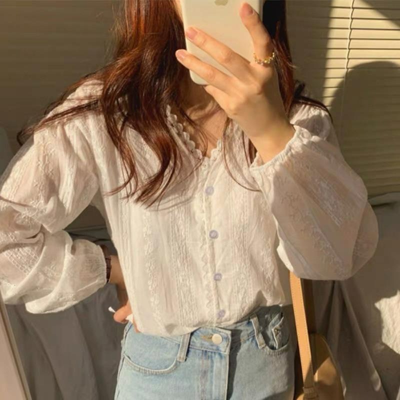 【B2005】蕾絲襯衫 氣質上衣 溫柔小姐姐 長袖V領 溫柔女孩風 通勤穿搭-細節圖2