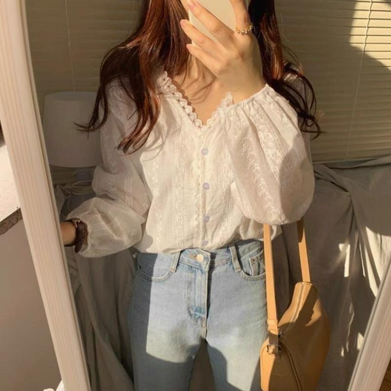 【B2005】蕾絲襯衫 氣質上衣 溫柔小姐姐 長袖V領 溫柔女孩風 通勤穿搭-細節圖4