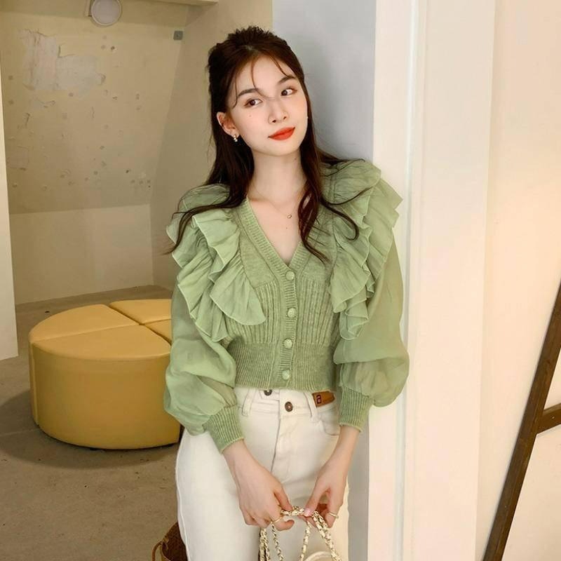 【B2093】法式拼接荷葉袖針織上衣 優雅針織上衣 荷葉袖上衣 棉麻上衣 春夏上衣 涼感上衣-細節圖2