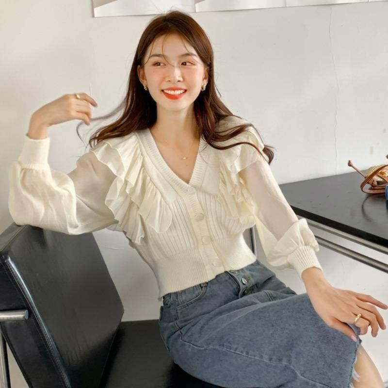 【B2093】法式拼接荷葉袖針織上衣 優雅針織上衣 荷葉袖上衣 棉麻上衣 春夏上衣 涼感上衣-細節圖3