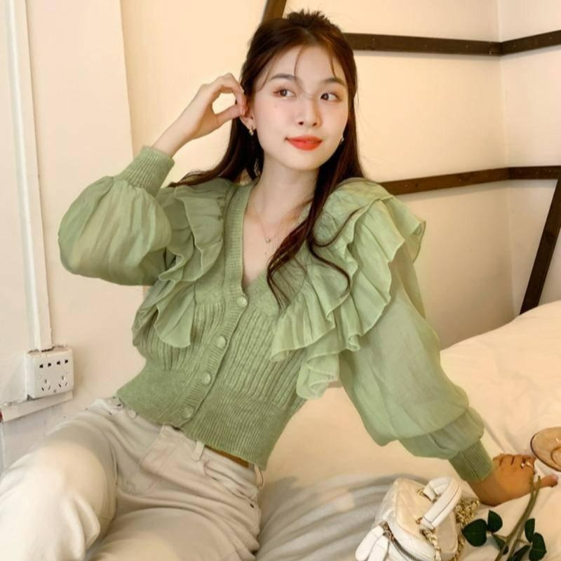 【B2093】法式拼接荷葉袖針織上衣 優雅針織上衣 荷葉袖上衣 棉麻上衣 春夏上衣 涼感上衣-細節圖4