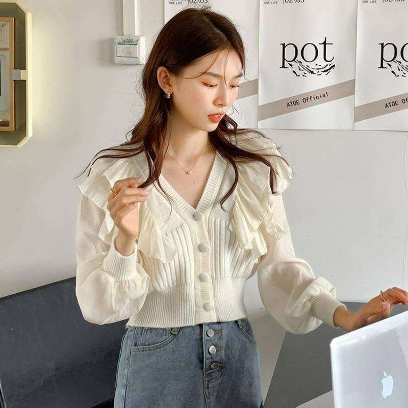 【B2093】法式拼接荷葉袖針織上衣 優雅針織上衣 荷葉袖上衣 棉麻上衣 春夏上衣 涼感上衣-細節圖5