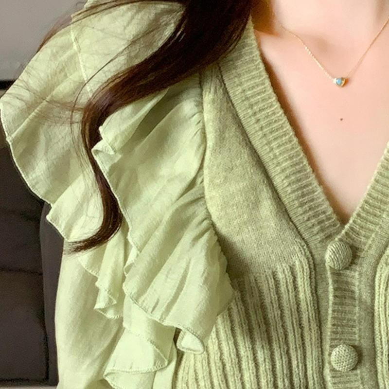 【B2093】法式拼接荷葉袖針織上衣 優雅針織上衣 荷葉袖上衣 棉麻上衣 春夏上衣 涼感上衣-細節圖6
