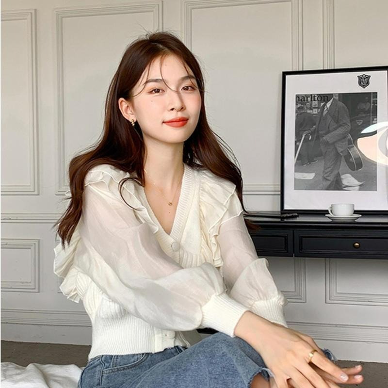 【B2093】法式拼接荷葉袖針織上衣 優雅針織上衣 荷葉袖上衣 棉麻上衣 春夏上衣 涼感上衣-細節圖8