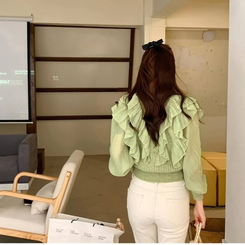 【B2093】法式拼接荷葉袖針織上衣 優雅針織上衣 荷葉袖上衣 棉麻上衣 春夏上衣 涼感上衣-細節圖9