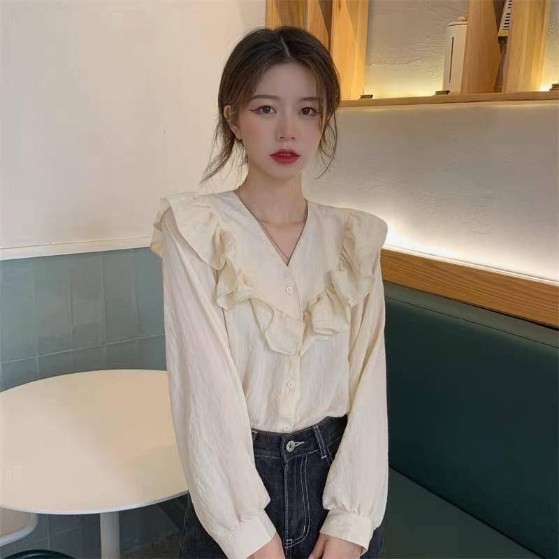 【B2101】韓系歐膩甜美荷葉邊襯衫 氣質上衣 開襟襯衫 春夏襯衫 溫柔風襯衫 透氣V領襯衫-細節圖2