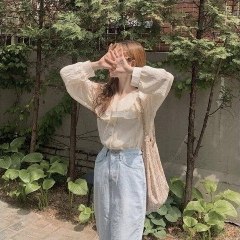 【B2101】韓系歐膩甜美荷葉邊襯衫 氣質上衣 開襟襯衫 春夏襯衫 溫柔風襯衫 透氣V領襯衫-細節圖5