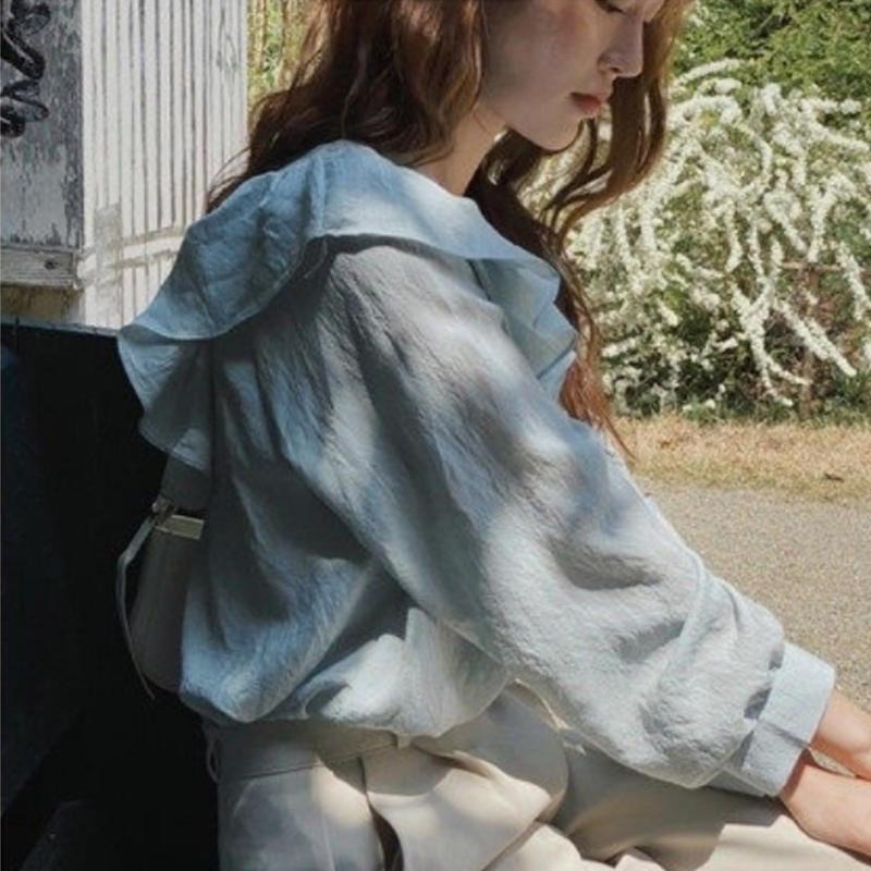 【B2101】韓系歐膩甜美荷葉邊襯衫 氣質上衣 開襟襯衫 春夏襯衫 溫柔風襯衫 透氣V領襯衫-細節圖7