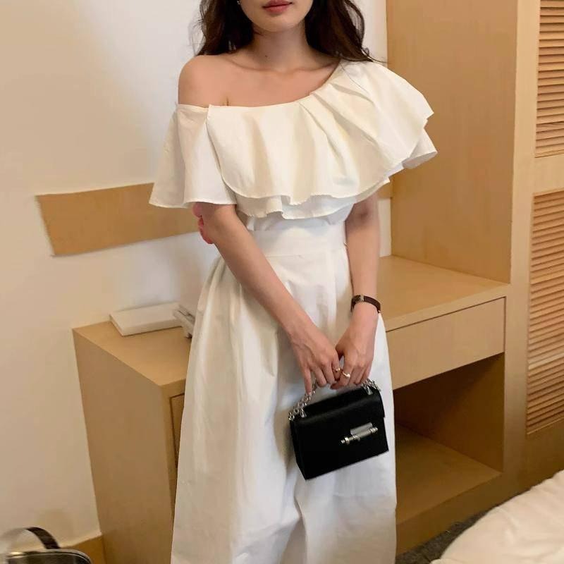 【A1096】氣質斜肩荷葉邊度假洋裝 海邊洋裝 顯瘦鎖骨洋裝 夏日洋裝 一件式洋裝 婚禮洋裝-細節圖2