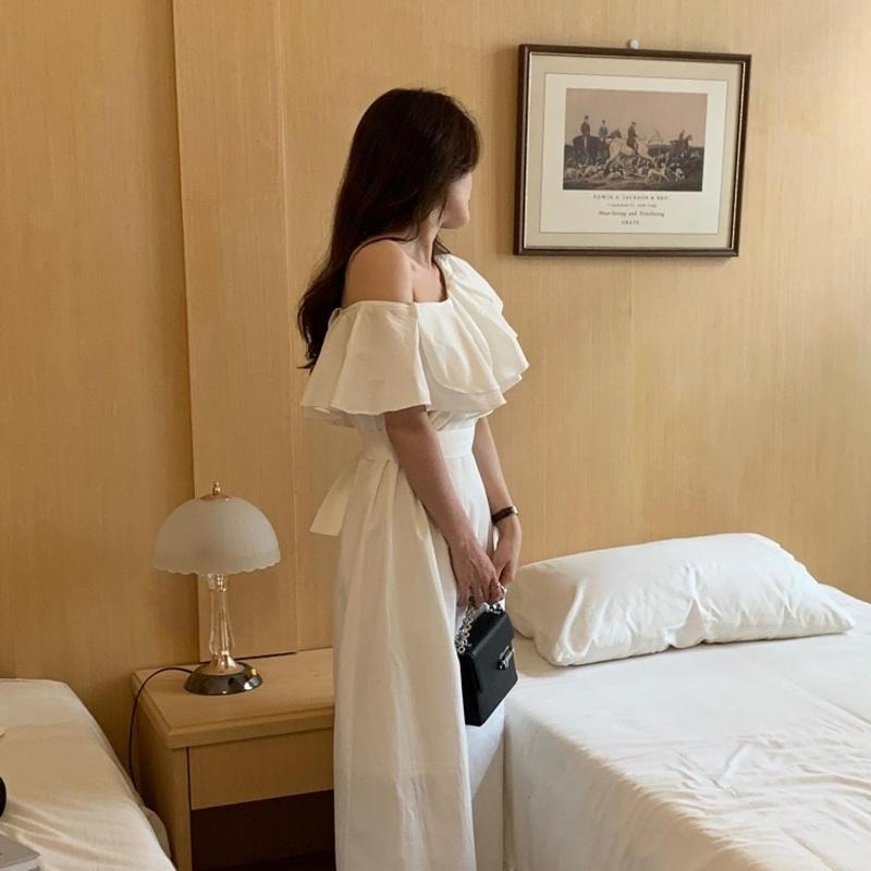 【A1096】氣質斜肩荷葉邊度假洋裝 海邊洋裝 顯瘦鎖骨洋裝 夏日洋裝 一件式洋裝 婚禮洋裝-細節圖4