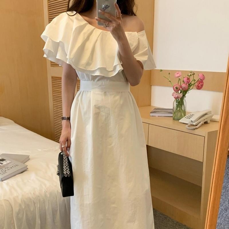 【A1096】氣質斜肩荷葉邊度假洋裝 海邊洋裝 顯瘦鎖骨洋裝 夏日洋裝 一件式洋裝 婚禮洋裝-細節圖9