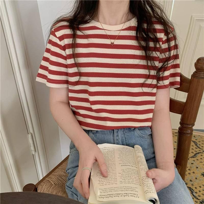 【B1035】 韓妞穿搭 華夫格條紋短T 華夫格短袖T恤 華夫格短袖上衣 圓領條紋上衣 條紋打底上衣-細節圖2