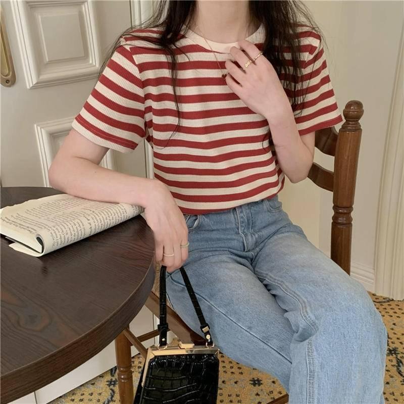 【B1035】 韓妞穿搭 華夫格條紋短T 華夫格短袖T恤 華夫格短袖上衣 圓領條紋上衣 條紋打底上衣-細節圖5