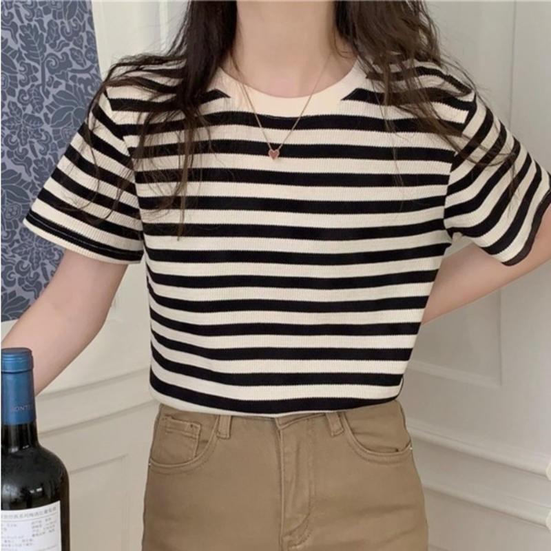 【B1035】 韓妞穿搭 華夫格條紋短T 華夫格短袖T恤 華夫格短袖上衣 圓領條紋上衣 條紋打底上衣-細節圖6