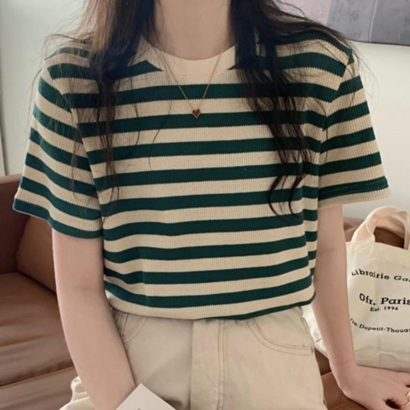 【B1035】 韓妞穿搭 華夫格條紋短T 華夫格短袖T恤 華夫格短袖上衣 圓領條紋上衣 條紋打底上衣-細節圖7