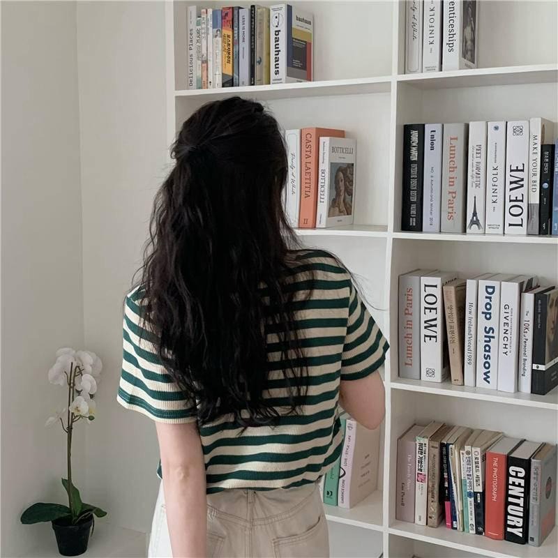 【B1035】 韓妞穿搭 華夫格條紋短T 華夫格短袖T恤 華夫格短袖上衣 圓領條紋上衣 條紋打底上衣-細節圖8