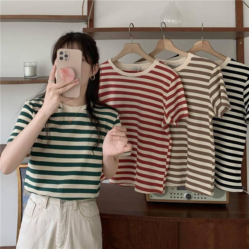 【B1035】 韓妞穿搭 華夫格條紋短T 華夫格短袖T恤 華夫格短袖上衣 圓領條紋上衣 條紋打底上衣-細節圖9