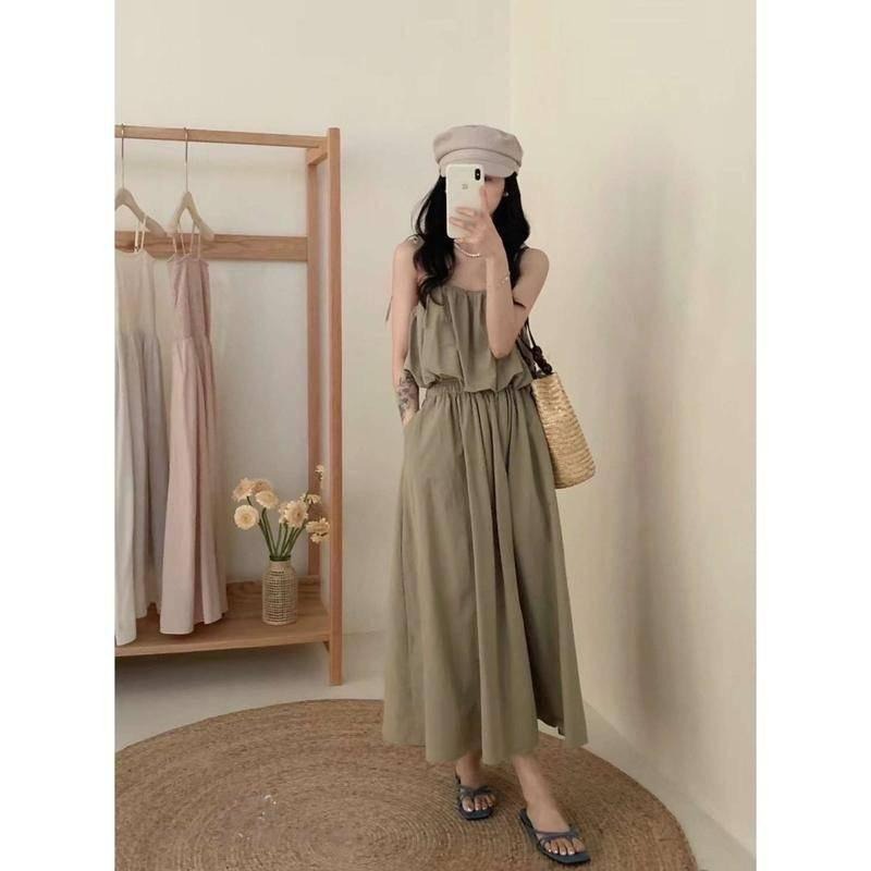 【D2092】渡假長洋 韓系渡假長裙洋裝 渡假洋裝 海邊洋裝 口袋長洋 背心洋裝 兩件式洋裝-細節圖4