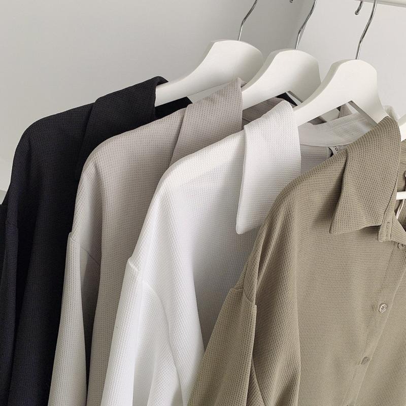 【B2051】華夫格長袖襯衫罩衫 高質感鬆餅格長襯 開襟襯衫 華夫格外套 防皺襯衫 寬鬆襯衫-細節圖3