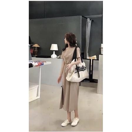 【台灣出貨】A1013縮腰連身裙 一件式洋裝 收腰顯瘦洋裝 長版洋裝 IG款 開衩 過膝 連衣裙-細節圖5
