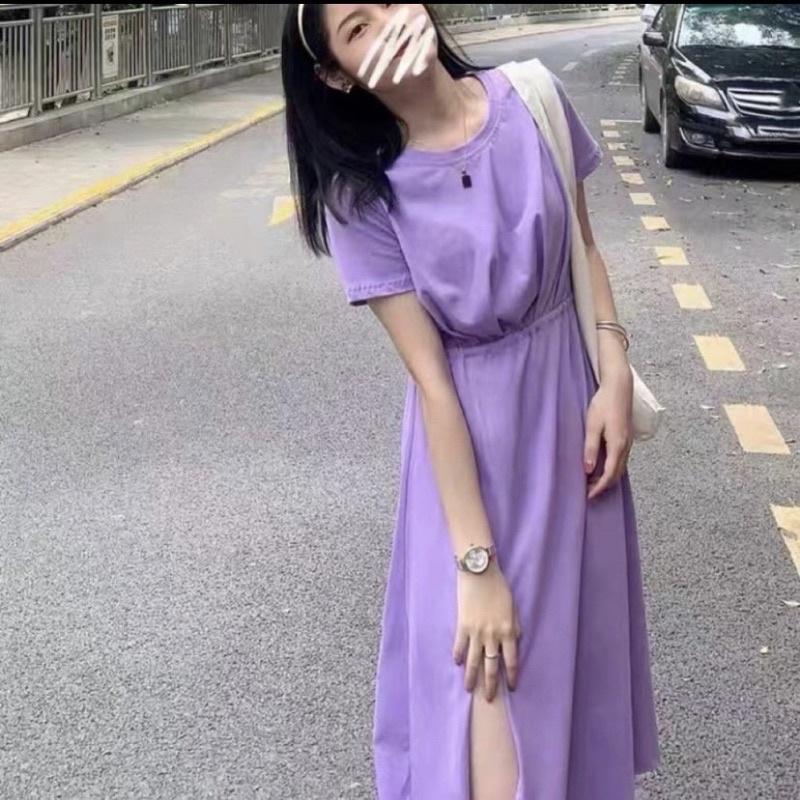 【台灣出貨】A1013縮腰連身裙 一件式洋裝 收腰顯瘦洋裝 長版洋裝 IG款 開衩 過膝 連衣裙-細節圖7