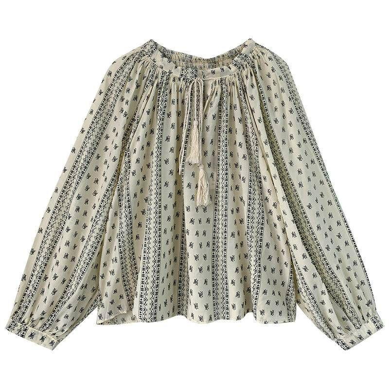 [台灣出貨]B2045  2023早秋新款 印花襯衫 復古圖騰上衣 寬鬆襯衫 波希米亞風襯衫 綁帶上衣 民族風 碎花襯衫-細節圖2