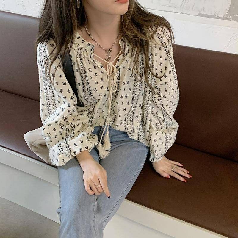 [台灣出貨]B2045  2023早秋新款 印花襯衫 復古圖騰上衣 寬鬆襯衫 波希米亞風襯衫 綁帶上衣 民族風 碎花襯衫-細節圖3